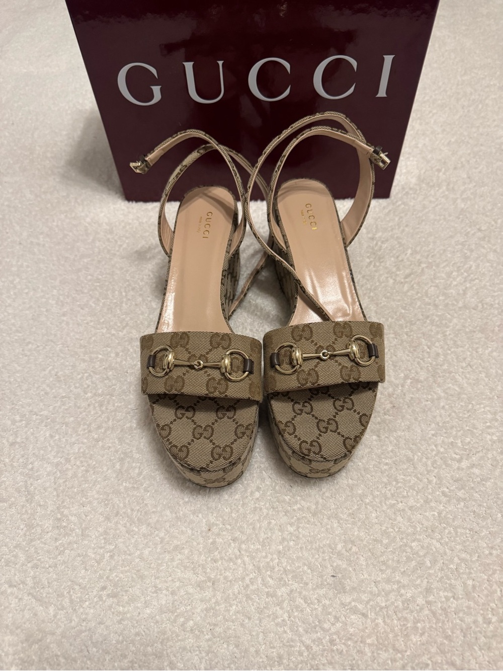 Gucci Beige GG Canvas Platform Slingback Wedges with Gold Horsebit - Picture 7 of 7